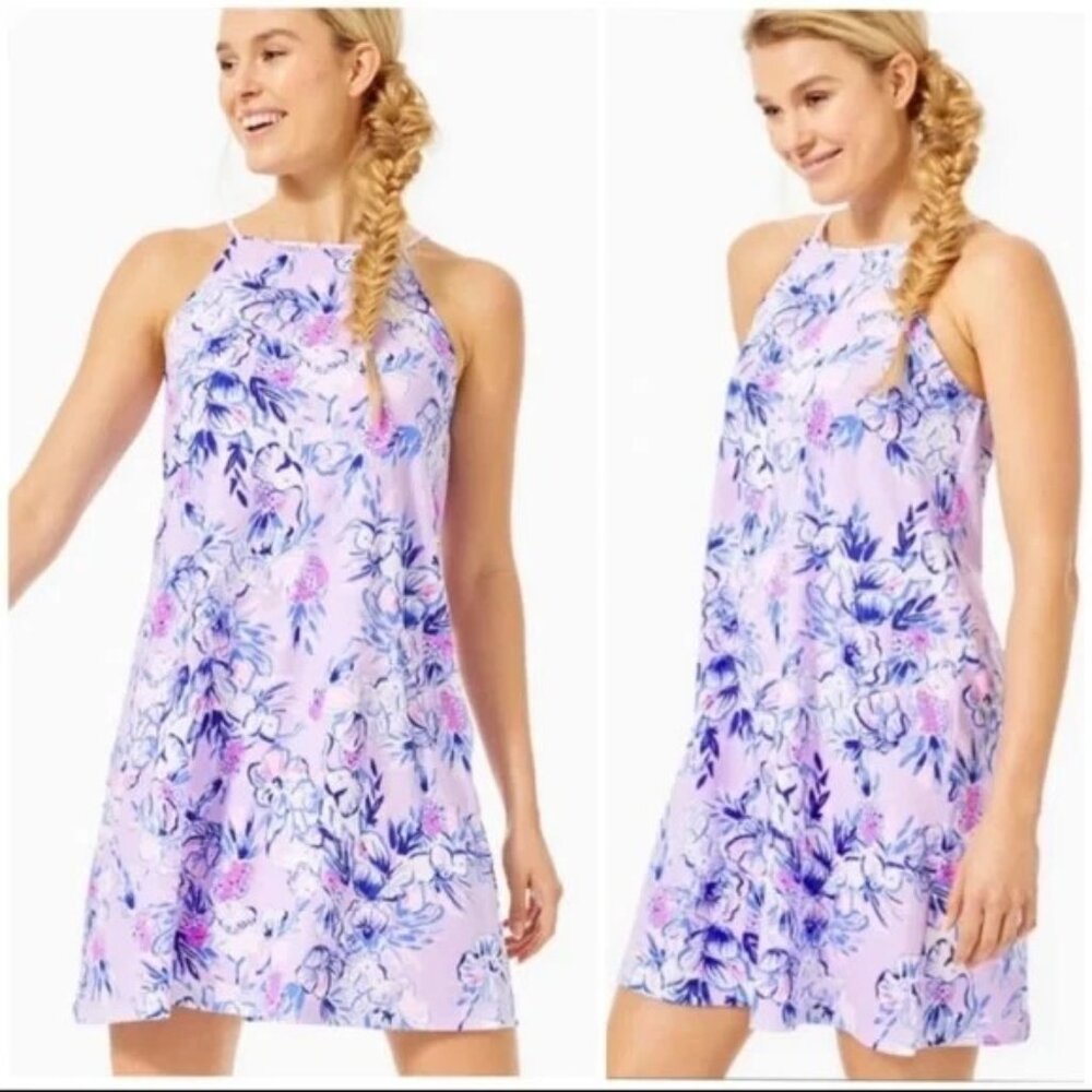 Lilly Pulitzer Margot Lilac Dress in Print Trunks the Air Sz L Excellent Used